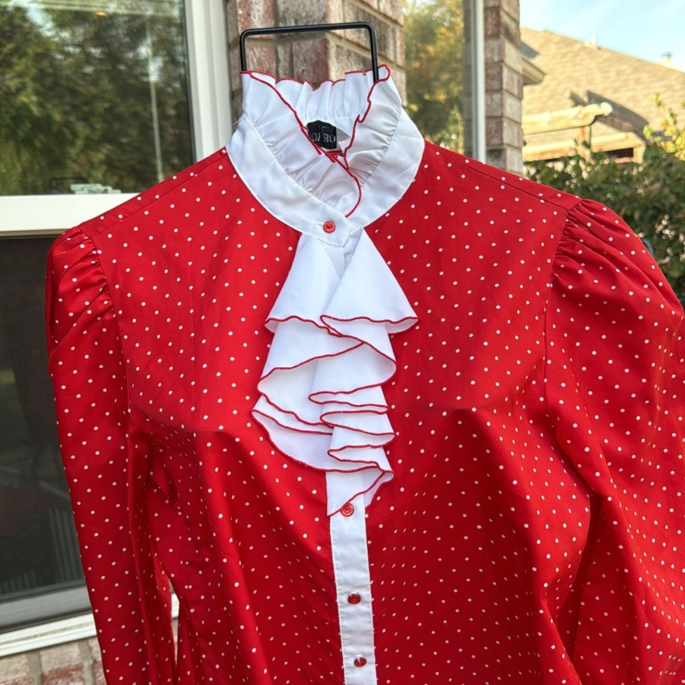 Vintage Judy Bond 14 Polka Dot Ruffled High Collar blouse